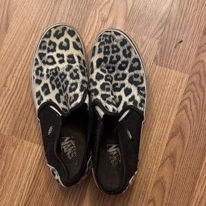 Vans Black and White Leopard Slip-On Sneakers